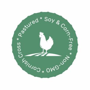 Label showing No Corn, No Soy, Non-GMO, Organic Feed Cornish Cross Pastured ChickenPicture