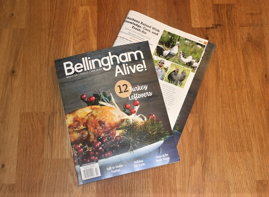 Bellingham Alive! Magazine featuring Spring Creek Heritage Farms' rare and heritage chickens, article entitled 